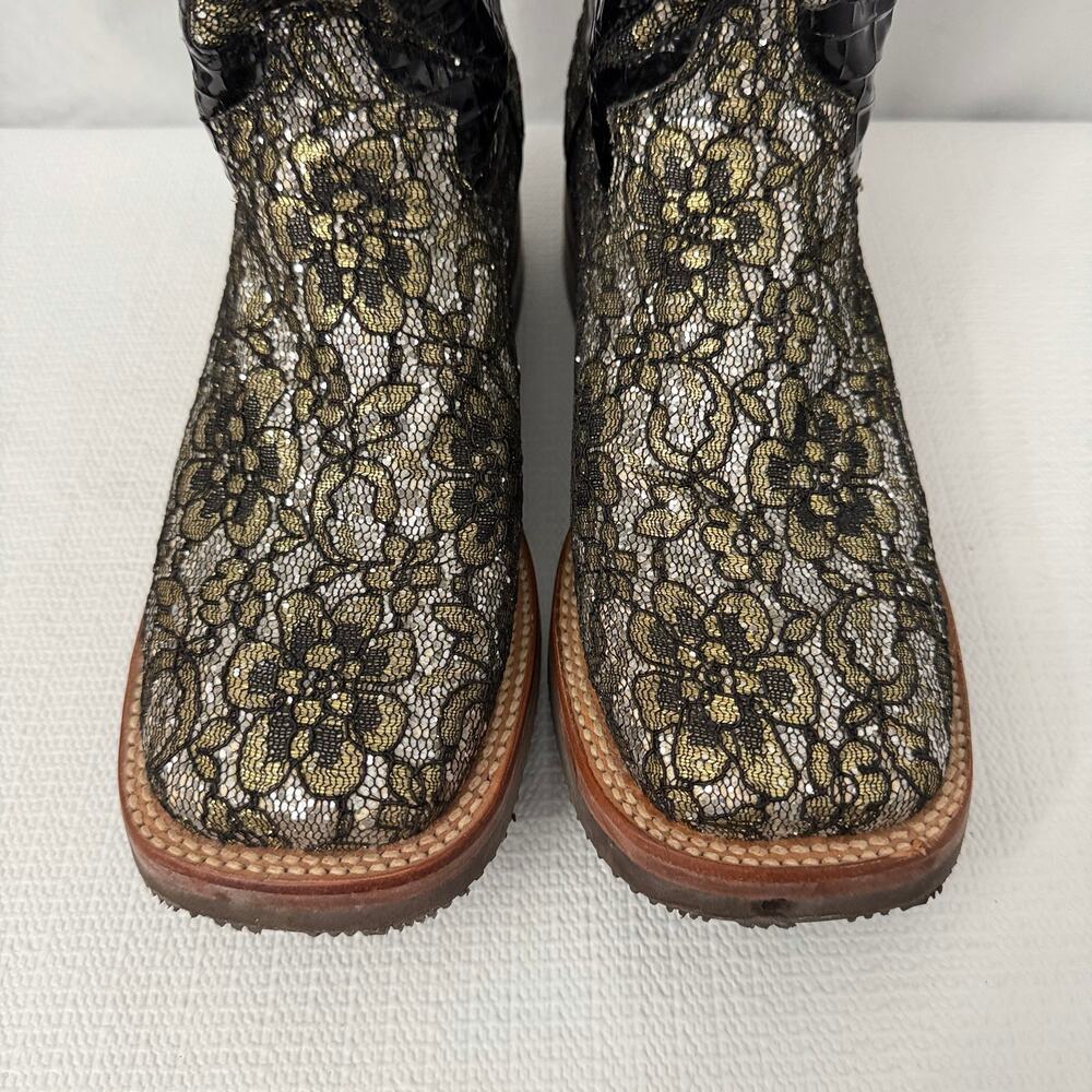 Ferrini Boots Womens Size 8.5 B Black Leather Floral Lace Cowboy Western - Picture 4 of 15